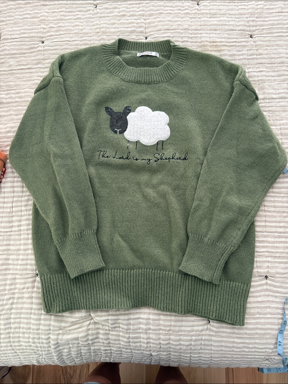 Olive Green Crewneck Sweater with Sheep Motif Size Medium